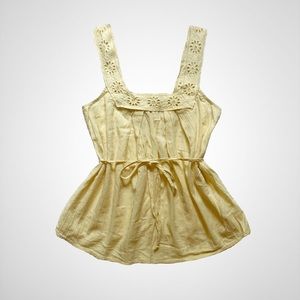 Women’s Sz S Light Yellow Cotton Linen Peasant Top with Cinched Tie Waist
